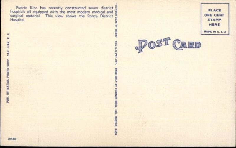 Ponce Puerto Rico Hospital Linen Postcard EXC COND