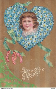 VALENTINE'S DAY: PU-1909; Girl's Face Portrait On A Heart Border Of Blue Flowers