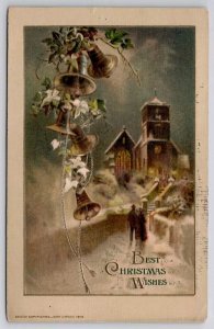 John Winsch Christmas Wishes Winter Night Church Bells Holly Postcard C40