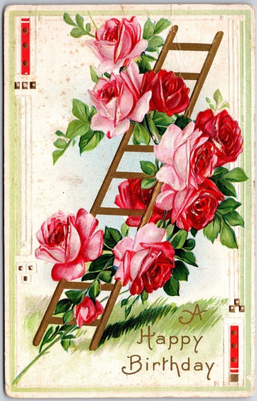 A Happy Birthday Pink Roses Flowers & Ladder Greetings Posted Postcard 