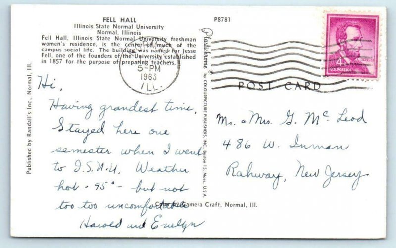 NORMAL, IL  Illinois State Normal University FELL HALL 1963  Postcard