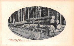 Loading Lumber on Railroad Cars Logging in West 1910c postcard