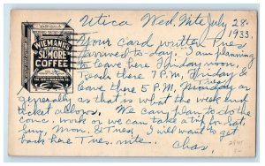 1933 Wiemann's Sumore Coffee Utica New York NY Posted Vintage Postcard 