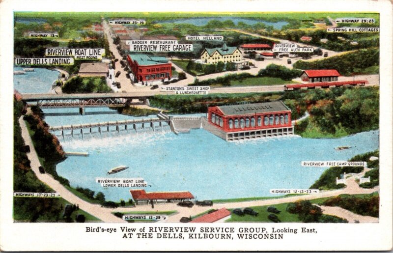 Postcard Birds Eye View Riverview Service Group at the Dells Kilbourn Wisconsin