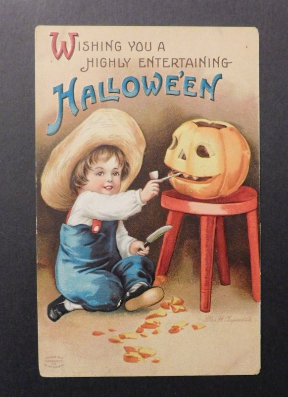 Mint USA Picture Postcard Halloween Child Carving Pumpkin Smile Ellen Clapsaddle