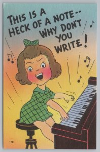 Comics~Little Girl Playing Piano~Heck Of A Note~Vintage Postcard 