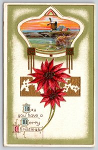Christmas~Poinsettia Windmill & Christmas Greeting~Vintage Postcard