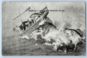Waterville Minnesota MN Postcard Boat Fishing Exaggerated Exterior c1928 Vintage