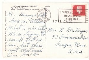 Tulip Gardens, Parliament Buildings, Ottawa ON, 1963 Split View Postcard, Slogan