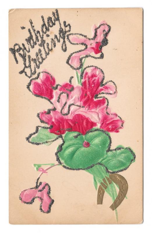 Birthday Greetings Applied Glitter Flowers Horseshoe Vintage Embossed Postcard