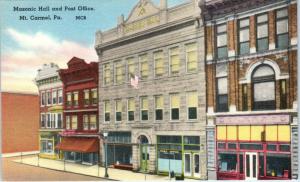 MT CARMEL, PA Pennsylvania  Street Scene MASONIC HALL & P.O.  c1940s   Postcard
