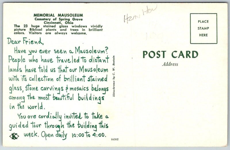 Cincinnati Ohio 1960s Postcard Memorial Mausoleum Cemetery Of Spring Grove