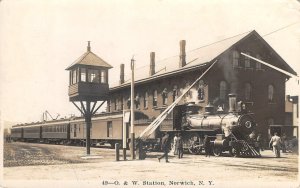Norwich, NY RPPC O & W Railroad Station Depot & Train 1910s Rare Photo Postcard