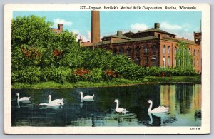 Racine Wisconsin~Swans On Lagoon @ Horlick Malted Milk Corp~Vtg Linen Postcard