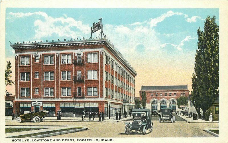 Automobiles Hotel Yellowstone Depot Pocatello Idaho C-1910 Postcard Teich 10590