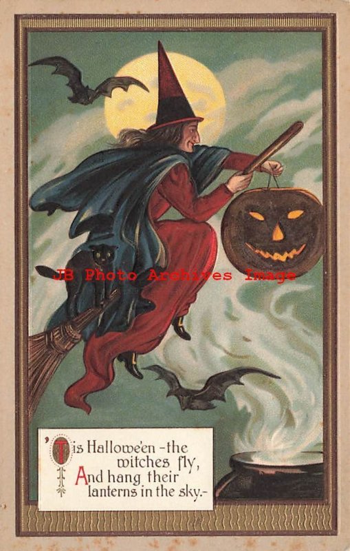 4 Postcards Halloween Set, Unknown No UP07, Witches, Cats, Bats, Playing Cards