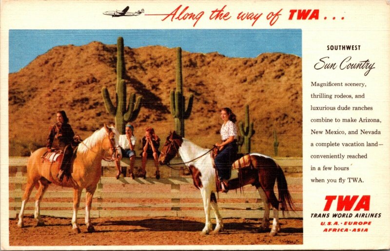 Southwest Sun country Cowgirls horses saguaro Trans World Airlines TWA  postcard 