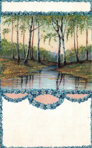 Vintage Postcard 1910's Blue Flowers Forest Trees Water Nature