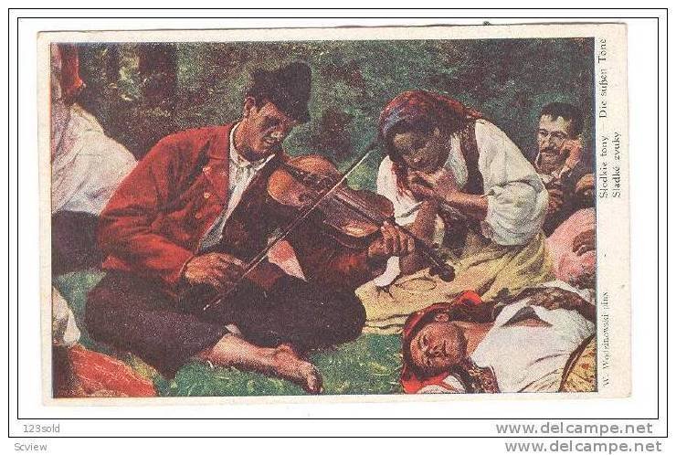 Painting by W. Wodzinowski, Slodkie tony, Small group listening to violinist ...