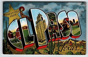 Greetings From El Paso Texas Large Letter Linen Postcard Kropp Cactus Cowgirl