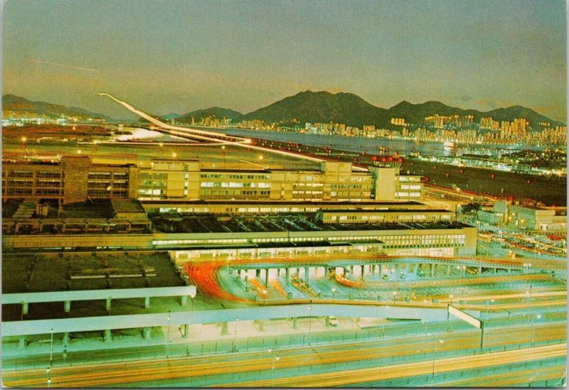 Airplane Landing Kai Tak Airport Night Hong Kong China Continental Postcard C10