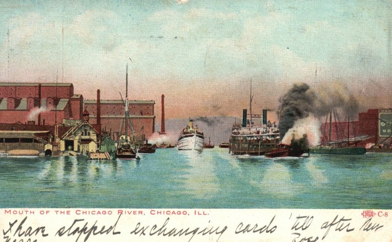 Vintage Postcard 1908 Mouth Of The Chicago River Boats Ships Chicago Illinois IL