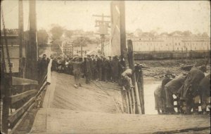 Crowd of People on Collapsed Bridge Somewhere in Maine Mill & Train Cars RPPC