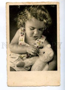 234113 Charming Girl w/ White TEDDY BEAR old Postcard