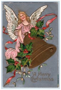 1908 Christmas Floating Angel Holly Berries Giant Bell Embossed Antique Postcard