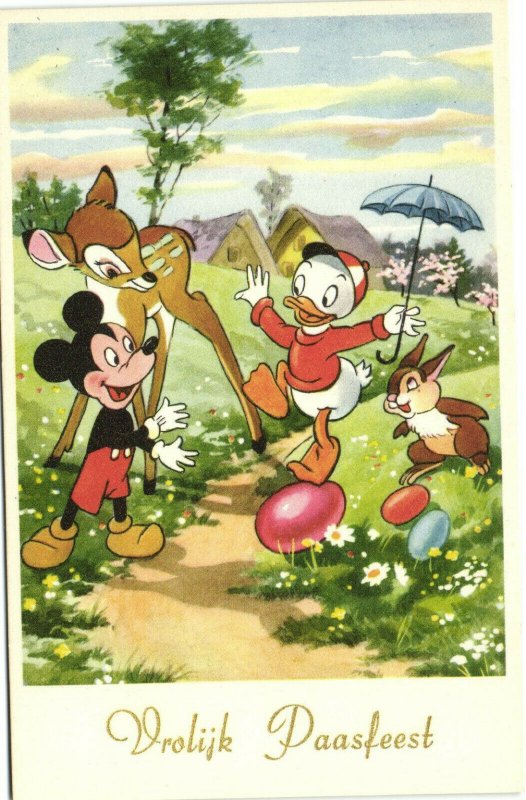 PC DISNEY, HUEY DUCK WITH MICKEY MOUSE AND BAMBI, Vintage Postcard (b35886)