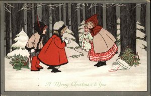 Christmas Little Girls Jester Clown Doll c1910 Vintage Postcard