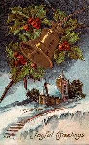 Merry Christmas With Gold Bell Holly and Winter Scene