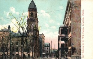 Vintage Postcard 1910s City Building & De Witt House Lewistown Maine Street View