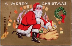 A Merry Christmas Santa Claus w/ Presents Fireplace Holidays Xmas Postcard E25