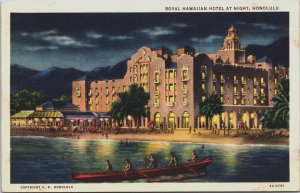 Hawaii Royal Hawaiian Hotel At Night Honolulu Linen Postcard C178
