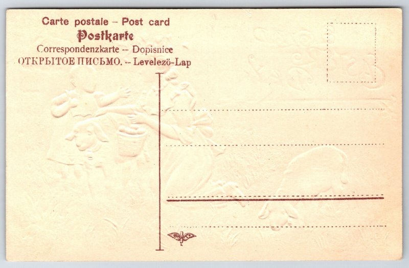 Easter~Mother & Child In Meadow w/Lambs~Basket Of Eggs~Gold Leaf Emboss~c1910