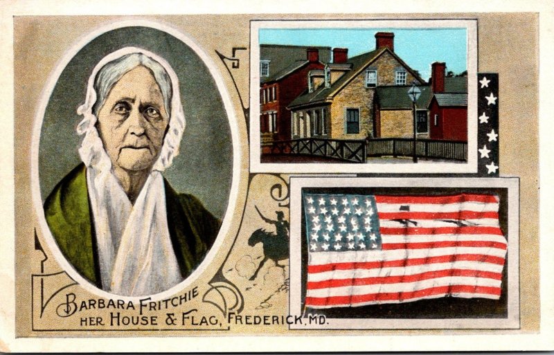 Maryland Frederick Barbara Fricthie With Her House and Flag Curteich