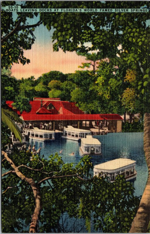 Vtg Glass Bottom Boats Leaving Docks Silver Springs Florida FL Linen Postcard