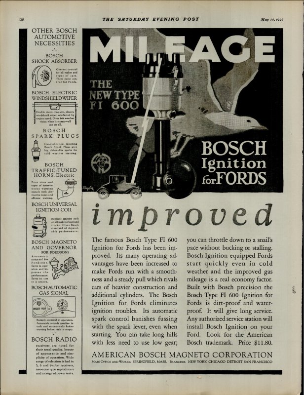 1927 Bosch Ignition for Fords Improved Vintage Print Ad 3891