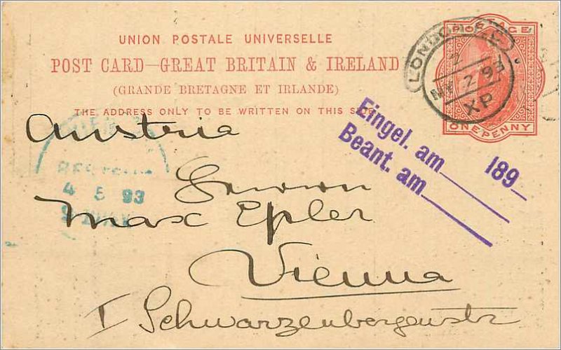 Entier Postal Stationery 1p London in 1893 for Vienna