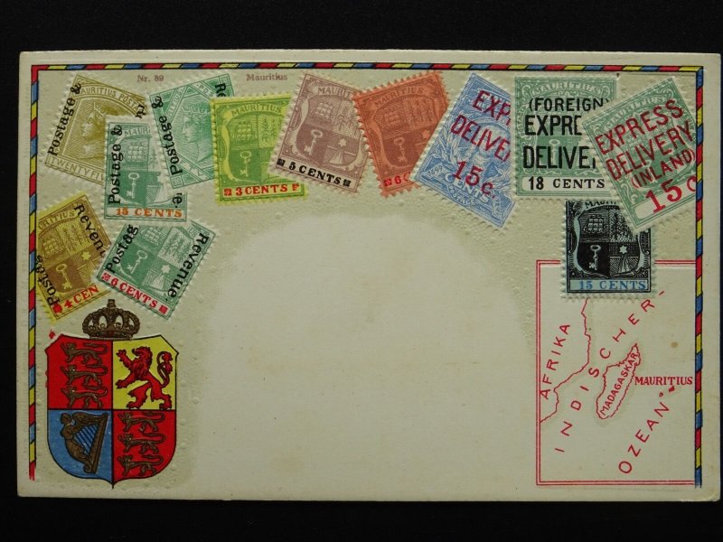 MAURITIUS Philately STAMPS, MAP & HERALDIC ARMS c1910 Embossed Postcard