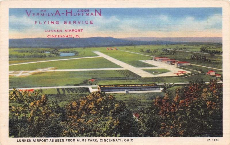 CINCINNATI OH-LUNKEN AIRPORT FROM ALMS PARK~VERMILYA-HUFFMAN FLYING SER POSTCARD