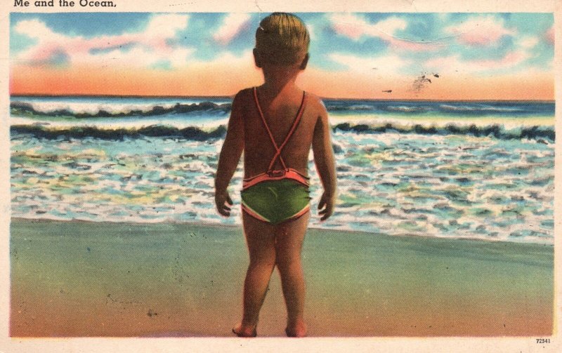 Vintage Postcard 1950's Little Boy In The Ocean Beach Bathing Swim Wear Waves