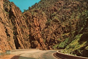 VINTAGE CONTINENTAL SIZE POSTCARD BIG THOMPSON CANYON HIGHWAY ROCKIES COLORADO