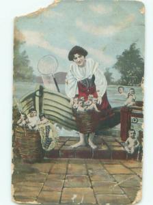 Pre-Linen fantasy WOMAN COLLECTS INFANT BABIES IN FISHING NET AB8009