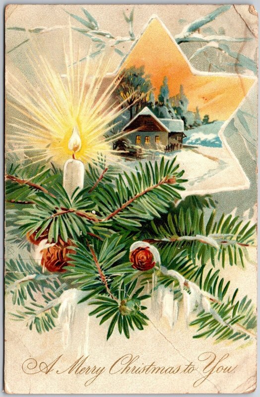 Lit Candle in Pine Branches House Inset in Orange Star Merry Christmas Postcard