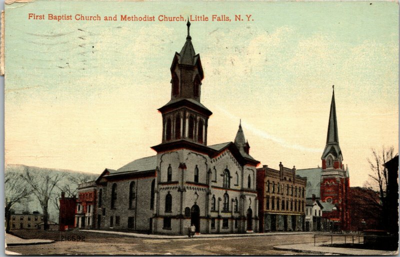 Vtg 1910s First Baptist and Methodist Church Little Falls New York NY Postcard