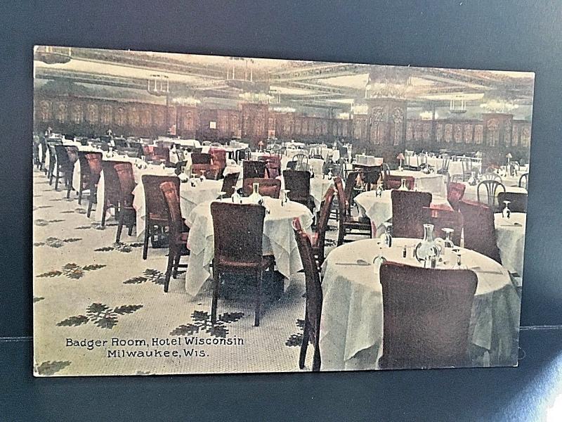 Postcard Hand Tinted Badger Room, Hotel Wisconsin , Milwaukee, WI.  X6