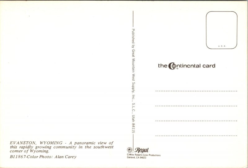 CONTINENTAL SIZE VINTAGE POSTCARD GREETINGS FROM EVANSTON WYOMING 1980s