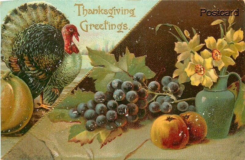 Greetings Card, Thanksgiving, Fruits, Turkey, Embossed, Trade Mark No. 2053